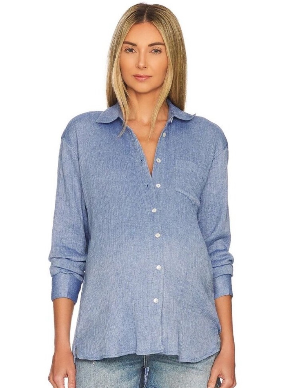Hatch The Boyfriend  Textured Button-down Shirt in Steel Blue Small